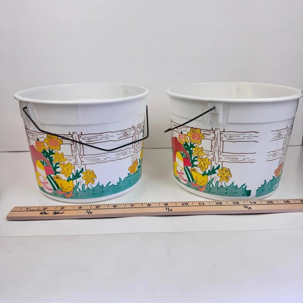2 Vtg Round Plastic Happy Easter Basket Ice Cream Bucket Myrle's Original No Lid